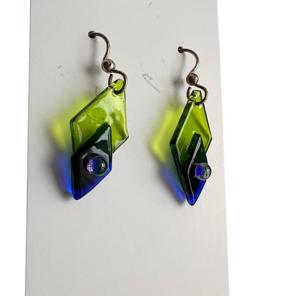 Green and Blue Glass Dangle Earrings - Picture 2 of 3